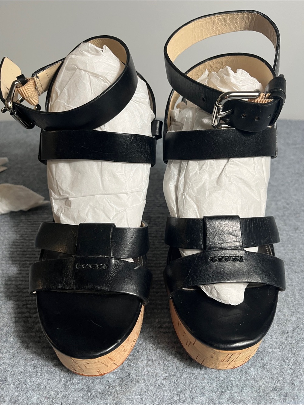 Coach Black Leather Cork Platform Heeled Sandals